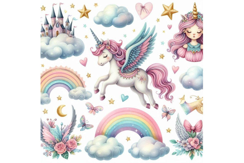 watercolor-fairy-tale-collection-with-flying-unicorn-rain