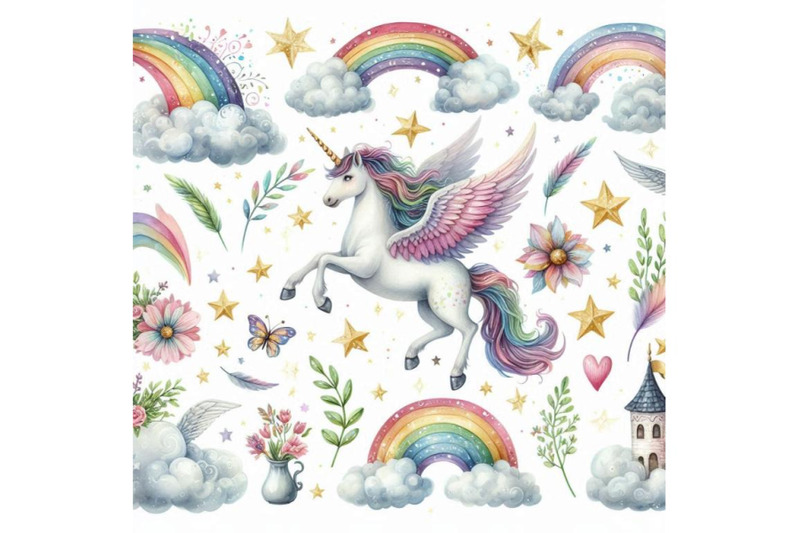 watercolor-fairy-tale-collection-with-flying-unicorn-rain