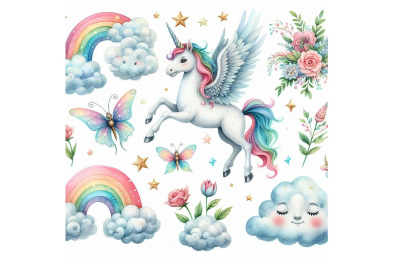 watercolor-fairy-tale-collection-with-flying-unicorn-rain