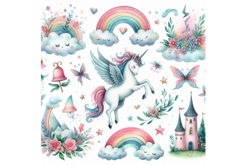 watercolor-fairy-tale-collection-with-flying-unicorn-rain