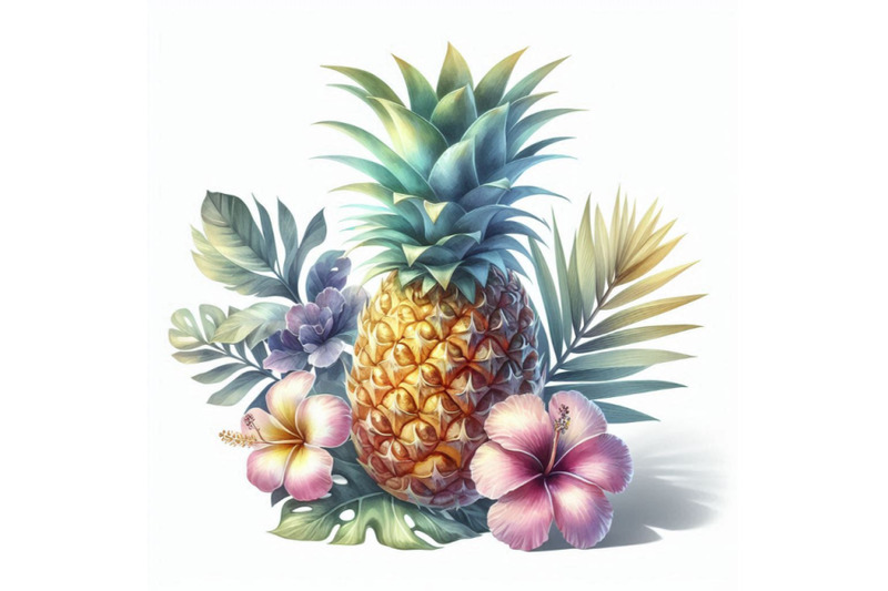 tropical-watercolor-pineapple-flowers-and-leaves-wi