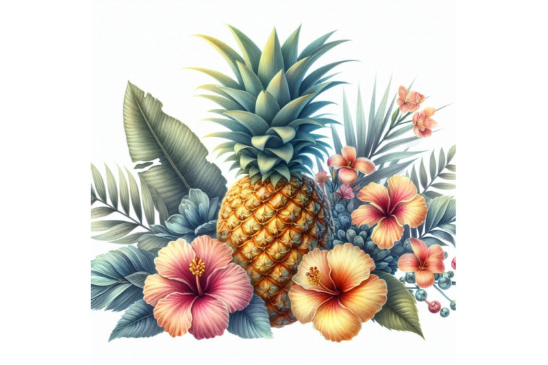 tropical-watercolor-pineapple-flowers-and-leaves-wi