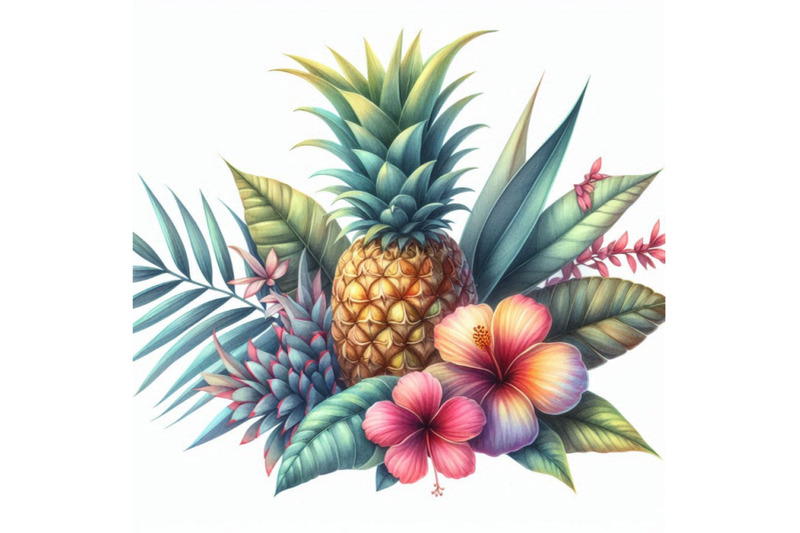 tropical-watercolor-pineapple-flowers-and-leaves-wi