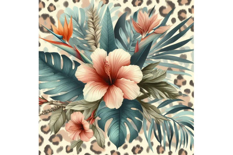 watercolor-tropical-flowers-and-leaves-on-animal-print-b