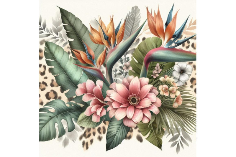 watercolor-tropical-flowers-and-leaves-on-animal-print-b