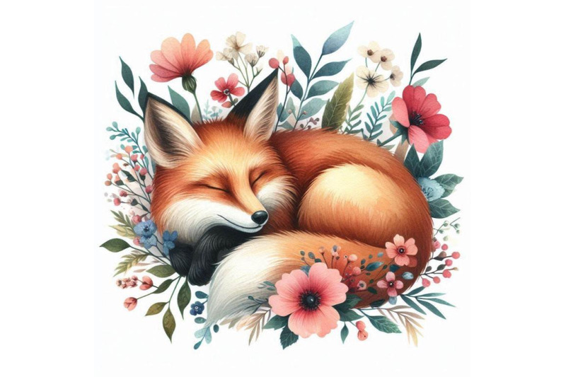 watercolor-sleeping-fox-among-flowers-isolated-on-whit