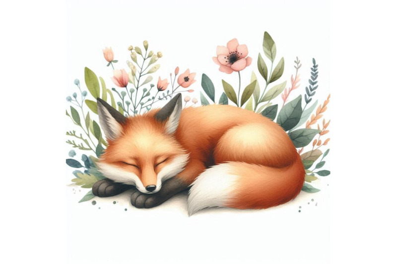 watercolor-sleeping-fox-among-flowers-isolated-on-whit