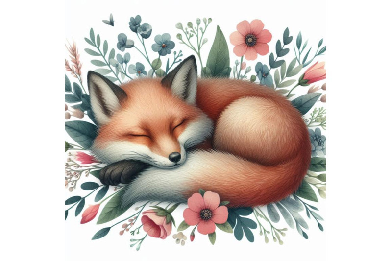 watercolor-sleeping-fox-among-flowers-isolated-on-whit