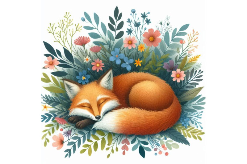 watercolor-sleeping-fox-among-flowers-isolated-on-whit