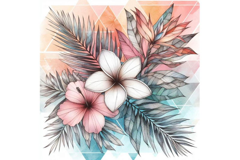 watercolor-tropical-flowers-with-contour-on-geometric