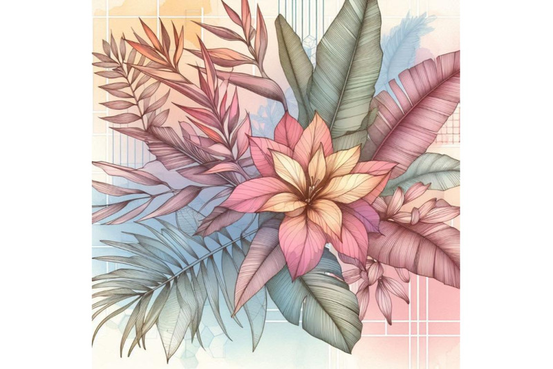 watercolor-tropical-flowers-with-contour-on-geometric