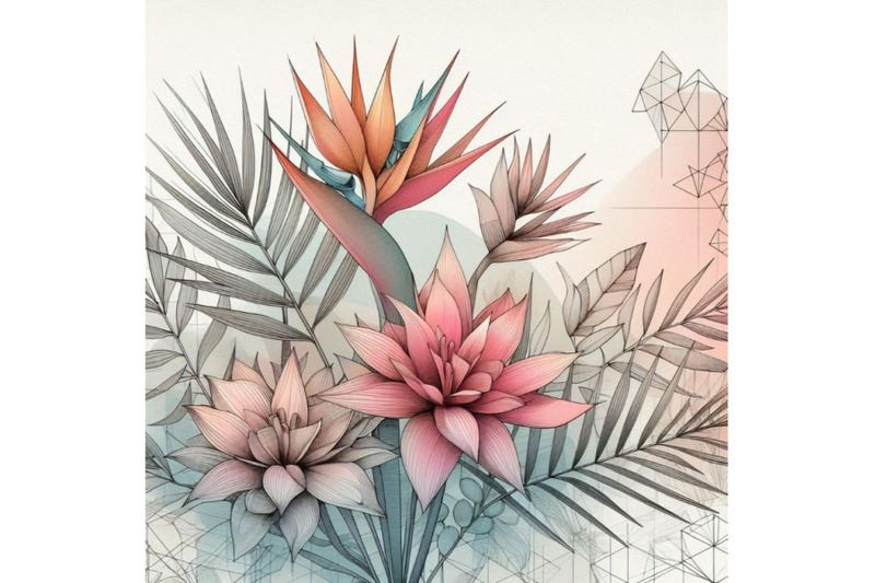 watercolor-tropical-flowers-with-contour-on-geometric