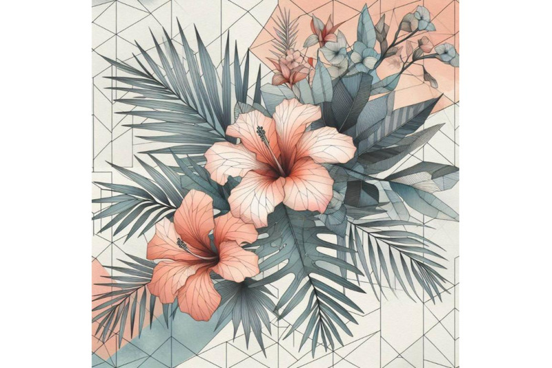 watercolor-tropical-flowers-with-contour-on-geometric