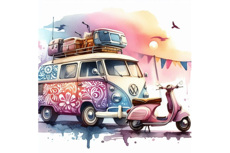 watercolor-hippie-camper-van-car-and-scooter