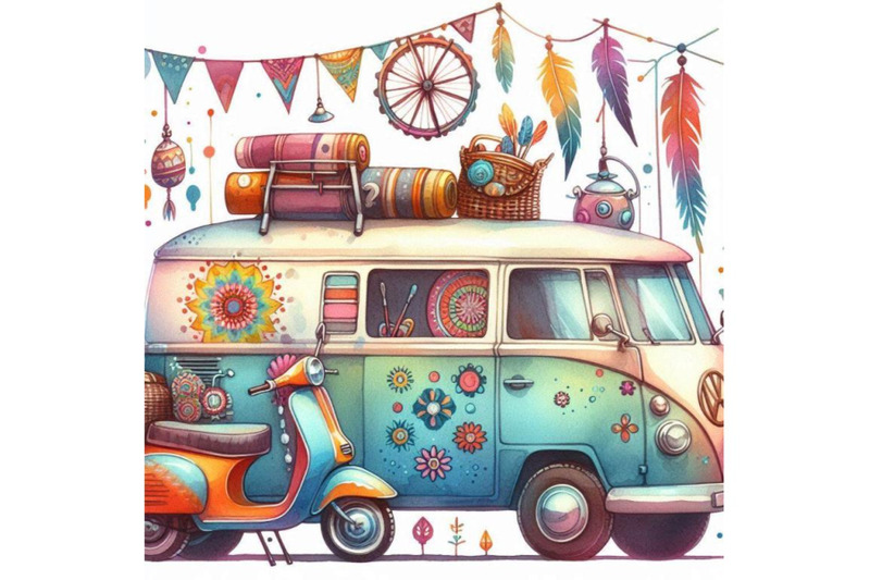 watercolor-hippie-camper-van-car-and-scooter