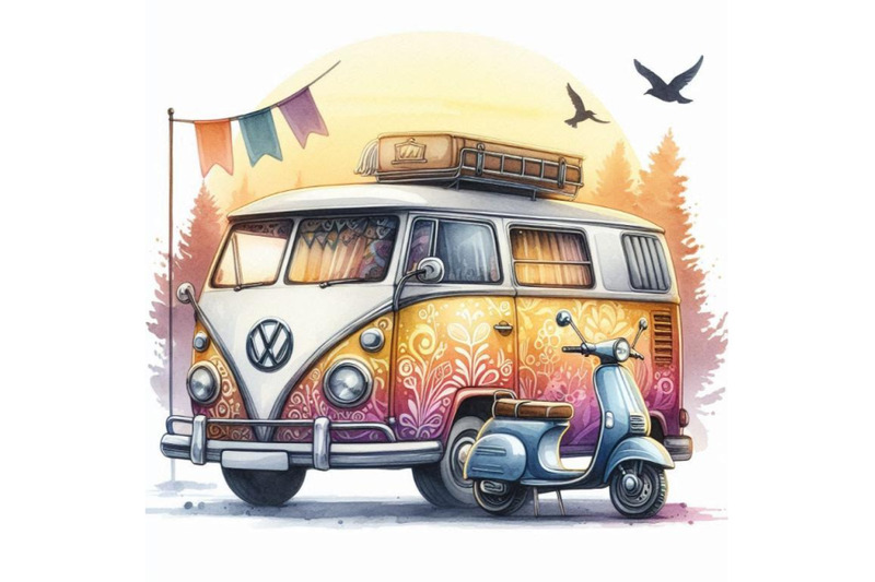 watercolor-hippie-camper-van-car-and-scooter