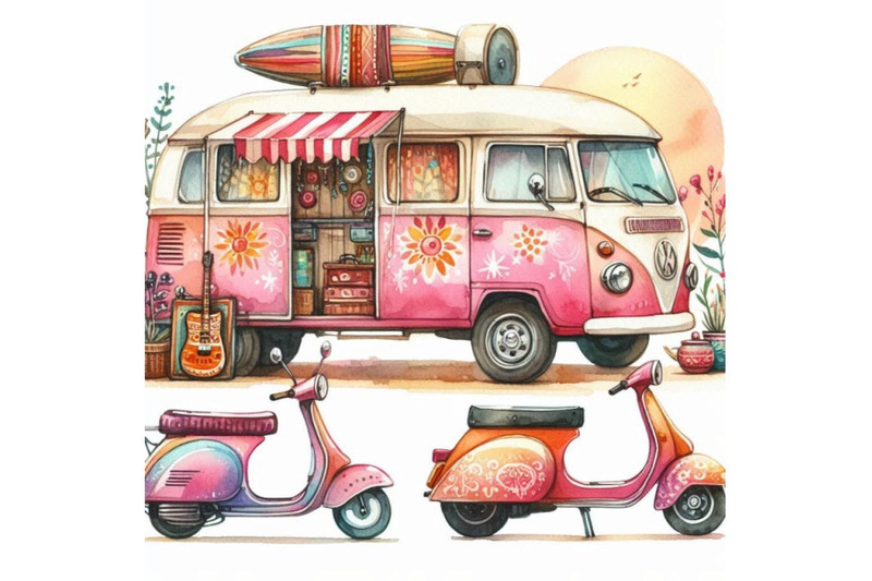 watercolor-hippie-camper-van-car-and-scooter