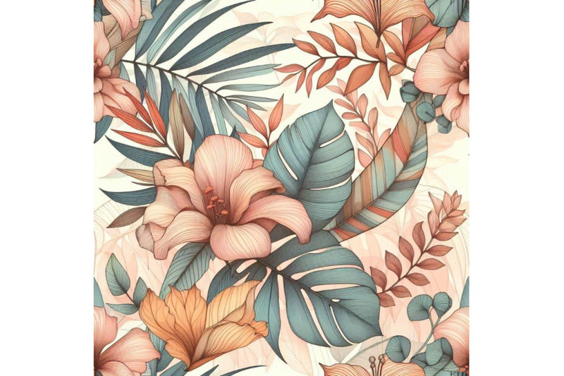 watercolor-tropical-leaves-and-flowers-with-contour-sea