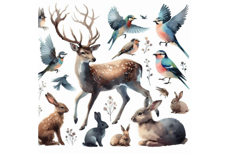 watercolor-deer-with-fawn-rabbits-birds-isolated-on-w