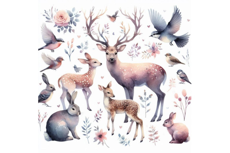 watercolor-deer-with-fawn-rabbits-birds-isolated-on-w