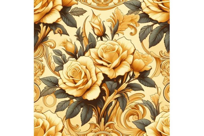 yellow-roses-on-golden-ornament-seamless-pattern