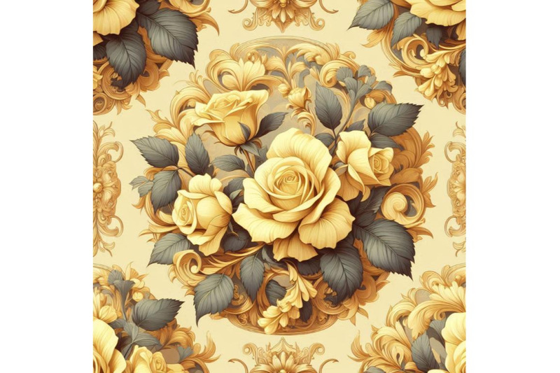 yellow-roses-on-golden-ornament-seamless-pattern