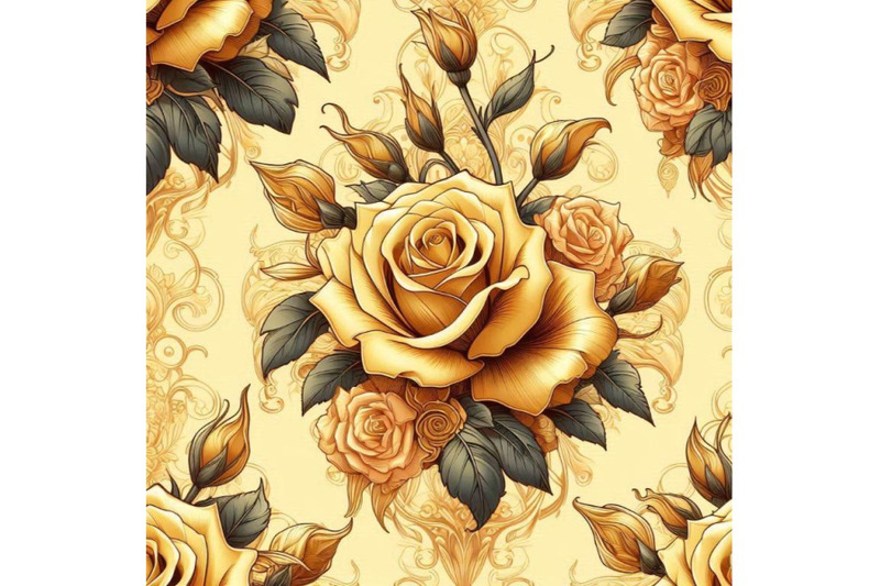 yellow-roses-on-golden-ornament-seamless-pattern