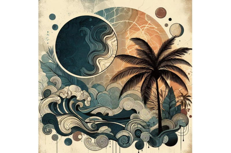 art-illustration-with-palm-tree-doodle-and-marble-grung