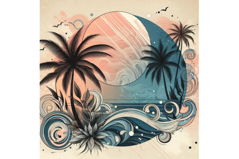 art-illustration-with-palm-tree-doodle-and-marble-grung