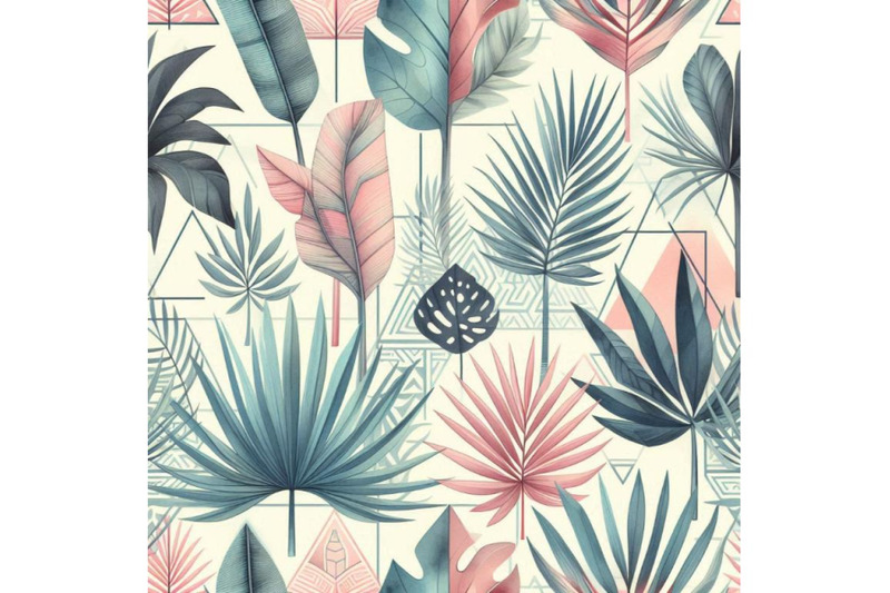 watercolor-tropical-leaves-and-palm-trees-in-geometric