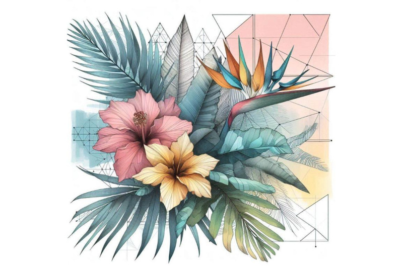 watercolor-tropical-flowers-on-geometric-background-w