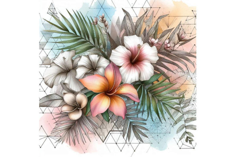 watercolor-tropical-flowers-on-geometric-background-w