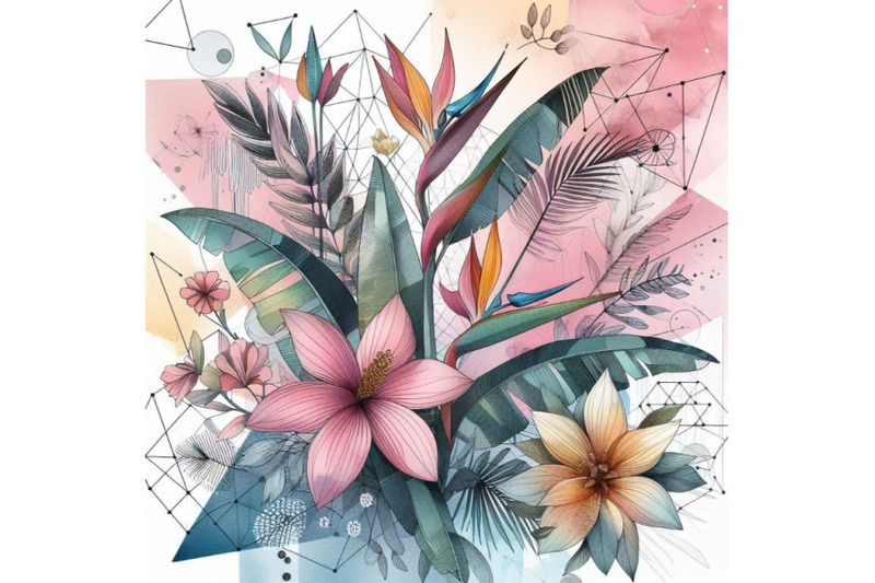 watercolor-tropical-flowers-on-geometric-background-w