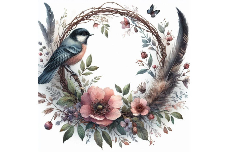 watercolor-wreath-with-bird-feathers-briar-flowers-and