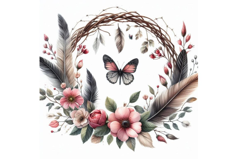 watercolor-wreath-with-bird-feathers-briar-flowers-and