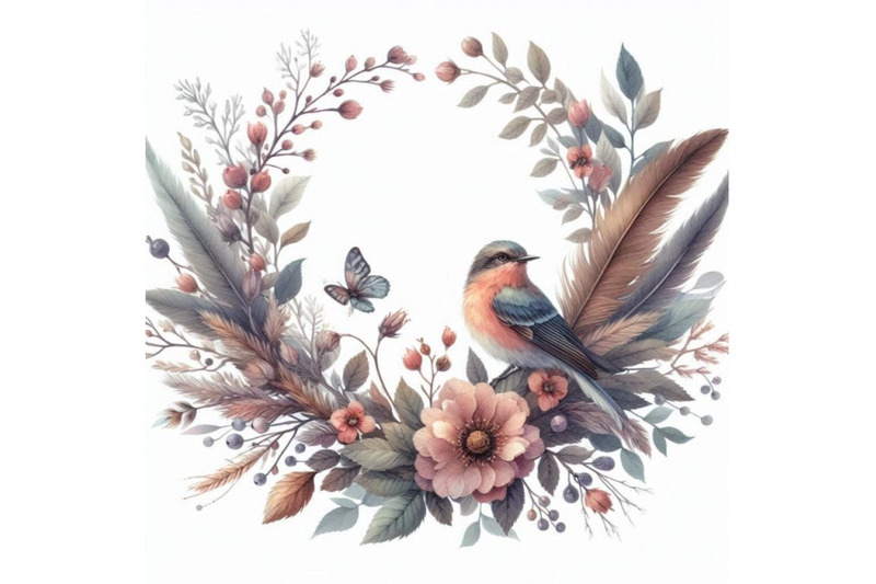 watercolor-wreath-with-bird-feathers-briar-flowers-and