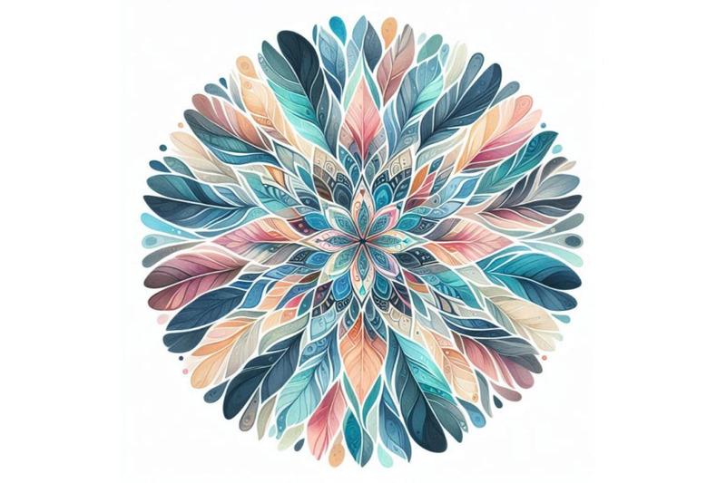 watercolor-abstract-mandala-circular-pattern-of-feathe