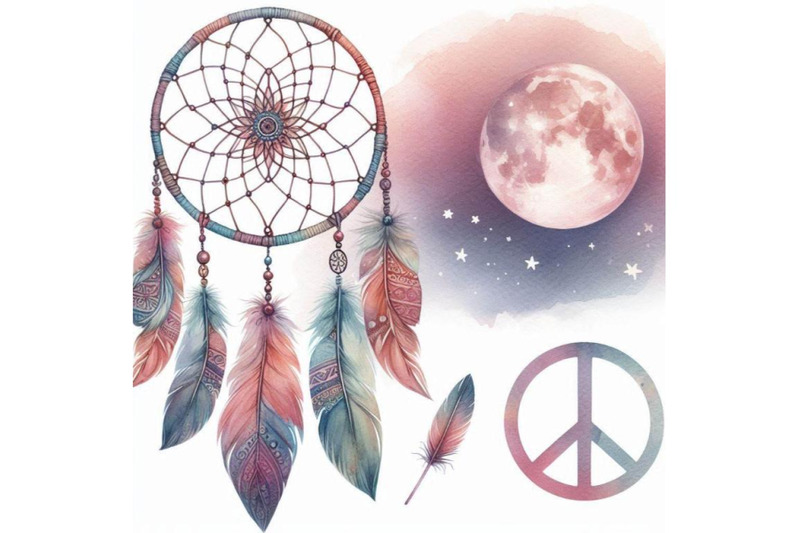 watercolor-ethnic-dream-catcher-and-peace-sign