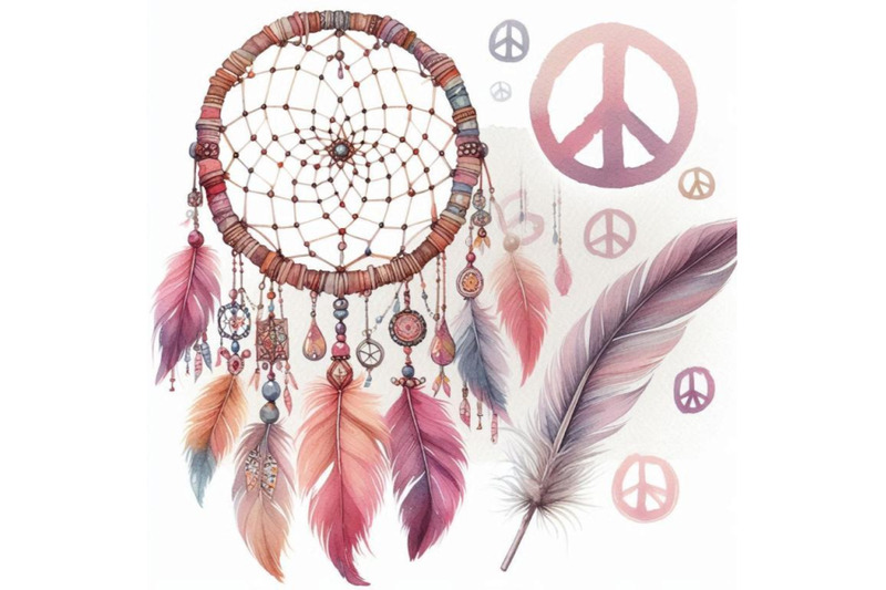 watercolor-ethnic-dream-catcher-and-peace-sign