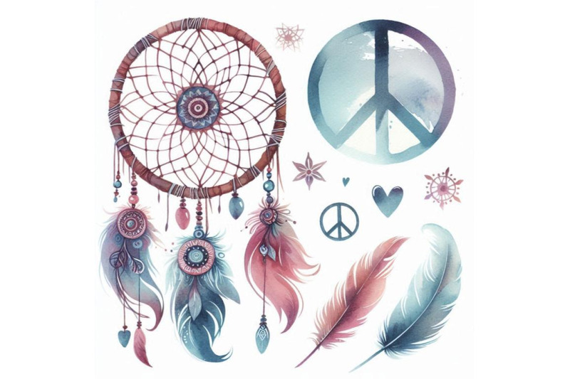 watercolor-ethnic-dream-catcher-and-peace-sign