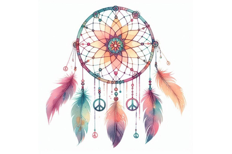 watercolor-ethnic-dream-catcher-and-peace-sign