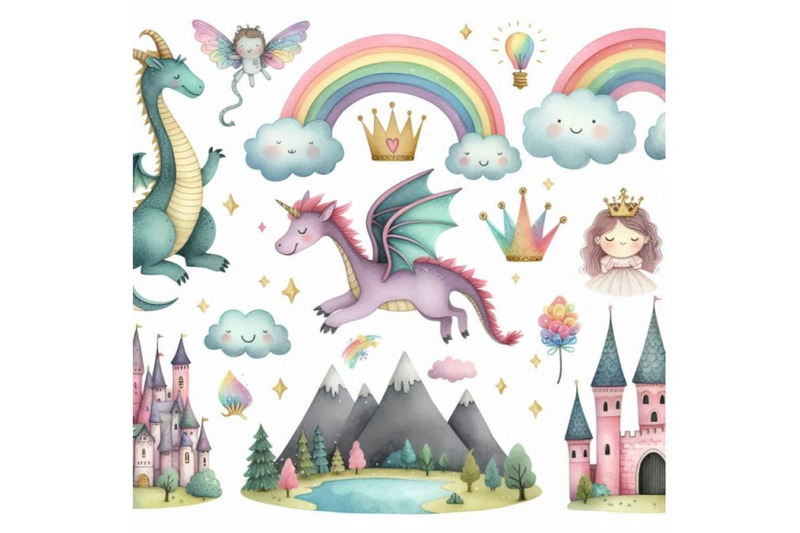 watercolor-fairy-tale-collection-with-cute-dragon-rainb