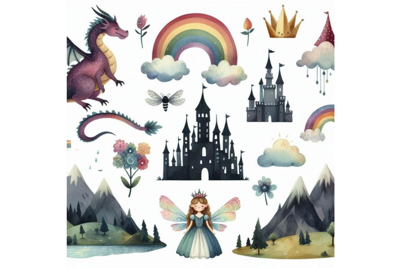 watercolor-fairy-tale-collection-with-cute-dragon-rainb