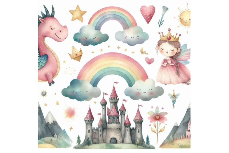 watercolor-fairy-tale-collection-with-cute-dragon-rainb