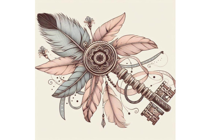 vintage-key-with-feathers-and-ribbons-in-the-style-of-bo