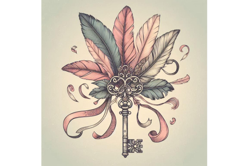 vintage-key-with-feathers-and-ribbons-in-the-style-of-bo