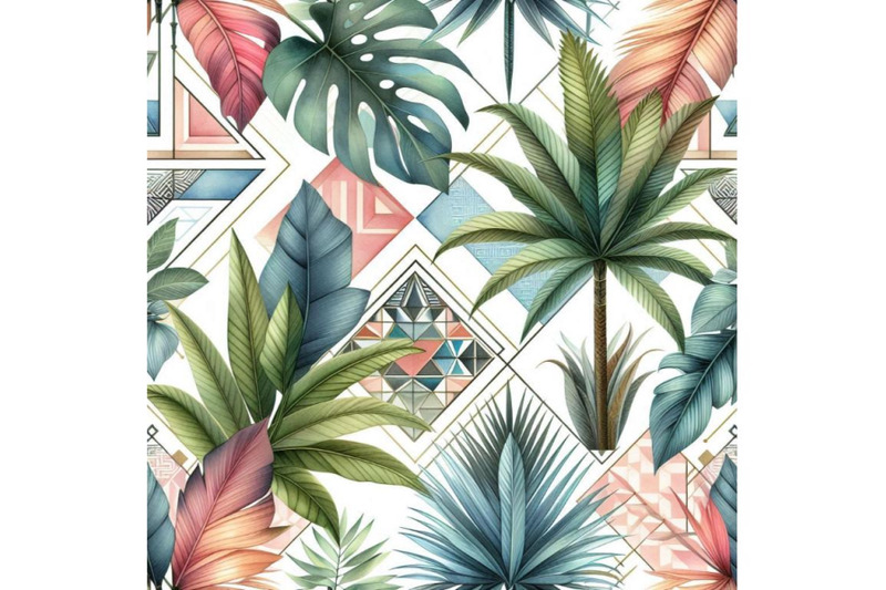 watercolor-tropical-leaves-and-palm-trees-in-geometric