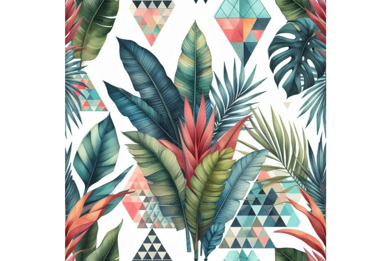 watercolor-tropical-leaves-and-palm-trees-in-geometric