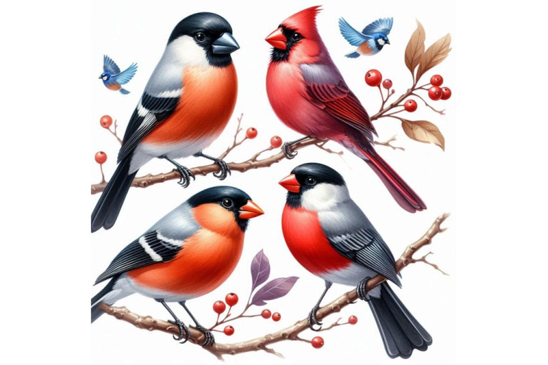 watercolor-bullfinch-titmouse-cardinal-and-sparrow-on