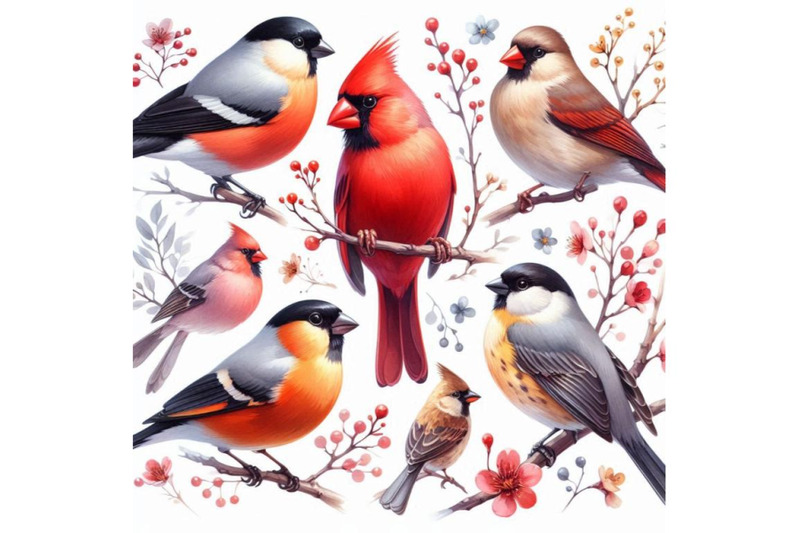 watercolor-bullfinch-titmouse-cardinal-and-sparrow-on